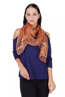 Copper Synthetic Polyester Organza (Poly Silk) Solid Embroidered Sequined Stole