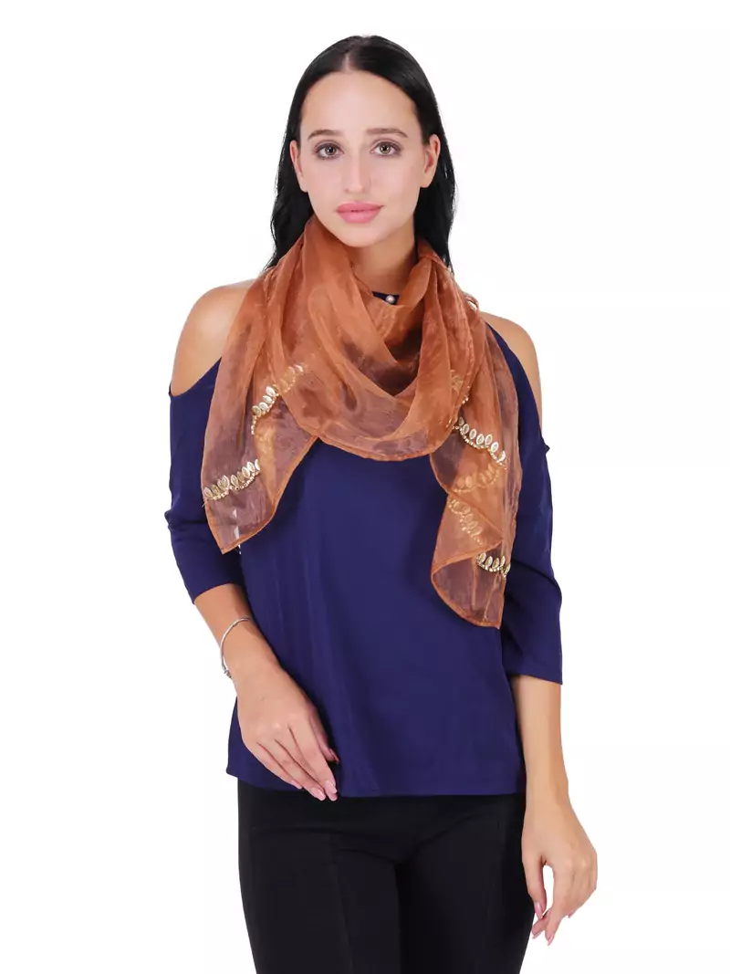 Copper Synthetic Polyester Organza (Poly Silk) Solid Embroidered Sequined Stole