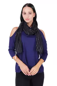 Black Polyester Solid Lurex Striped Tasselled Scarf