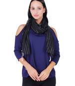 Black Polyester Solid Lurex Striped Tasselled Scarf