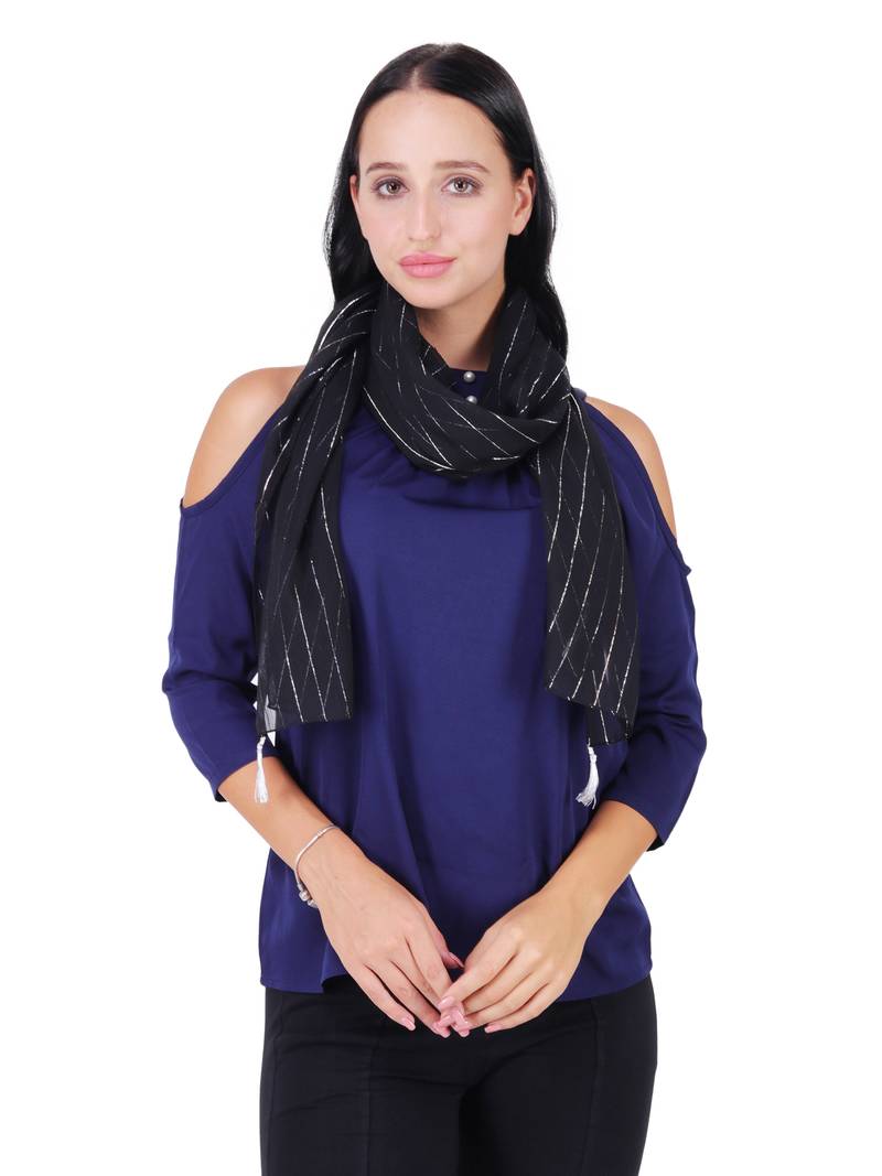 Black Polyester Solid Lurex Striped Tasselled Scarf