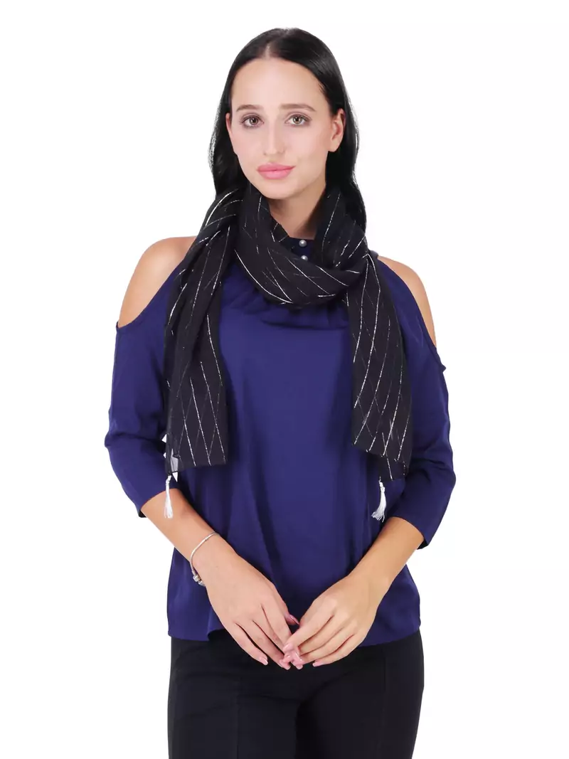 Black Polyester Solid Lurex Striped Tasselled Scarf
