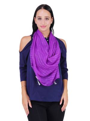 Purple Polyester Solid Lurex Striped Tasselled Scarf 1