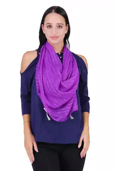 Purple Polyester Solid Lurex Striped Tasselled Scarf