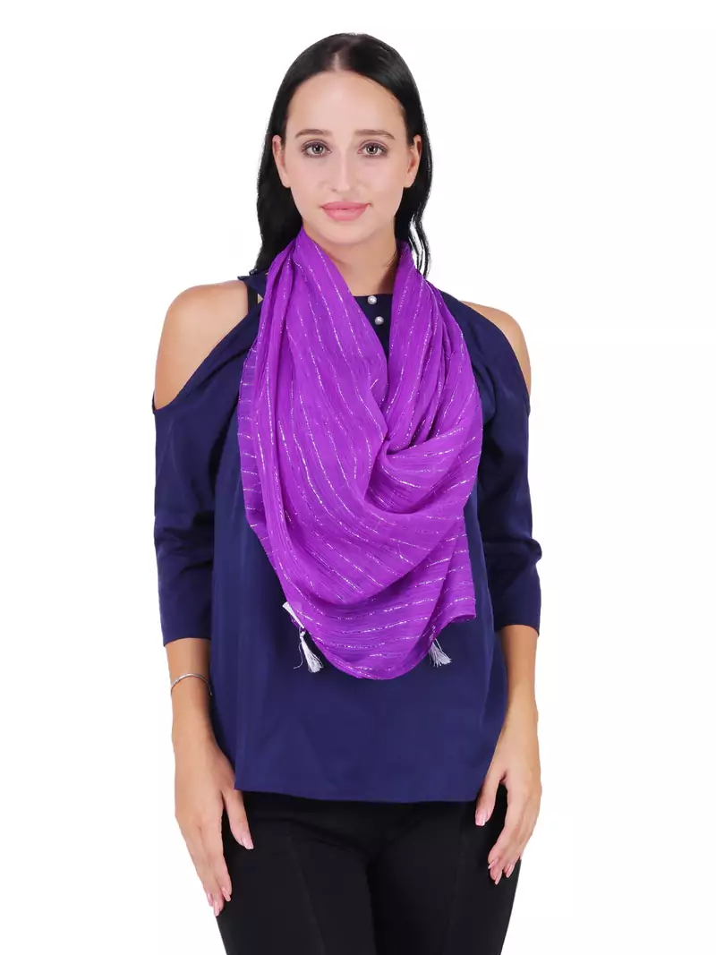 Purple Polyester Solid Lurex Striped Tasselled Scarf