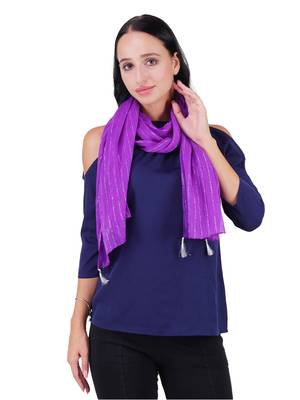 Purple Polyester Solid Lurex Striped Tasselled Scarf 2