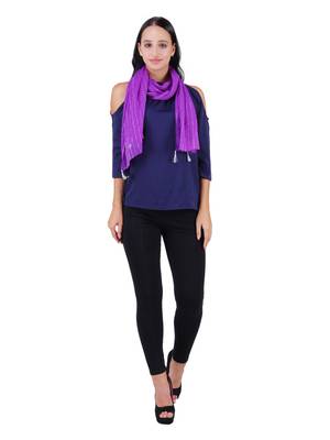 Purple Polyester Solid Lurex Striped Tasselled Scarf 3