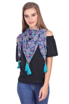 Royal Blue & Multi Synthetic Polyester Printed Geometric Tasselled Scarf
