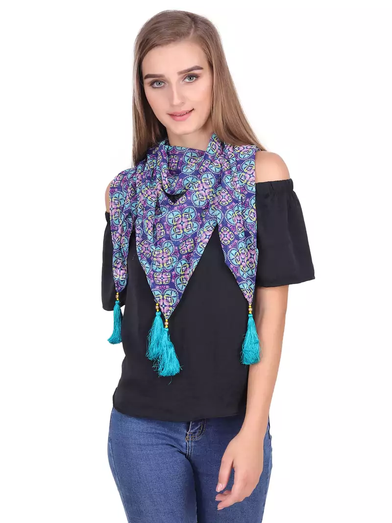 Royal Blue & Multi Synthetic Polyester Printed Geometric Tasselled Scarf