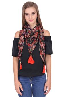 Multi Synthetic Polyester Printed Floral Tasselled Scarf