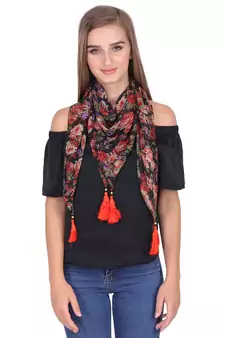 Multi Synthetic Polyester Printed Floral Tasselled Scarf