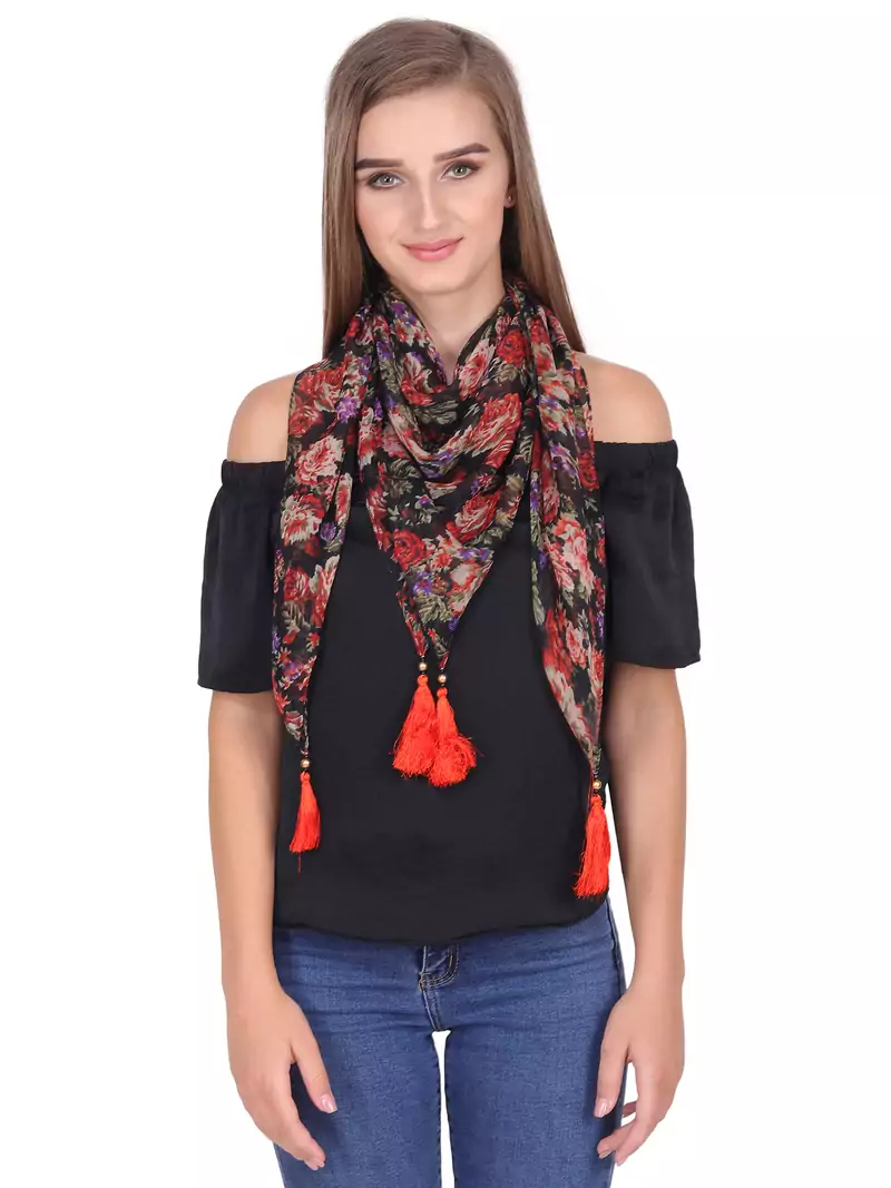 Multi Synthetic Polyester Printed Floral Tasselled Scarf