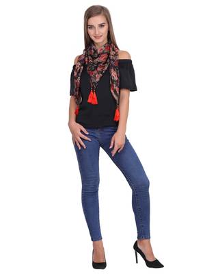 Multi Synthetic Polyester Printed Floral Tasselled Scarf 2