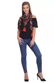 Multi Synthetic Polyester Printed Floral Tasselled Scarf