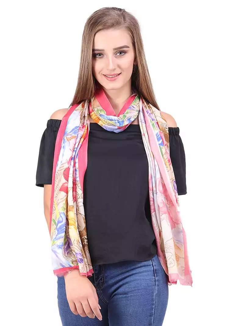 Pink/Multi Modal Printed Frayed Scarf (75x200 cm)