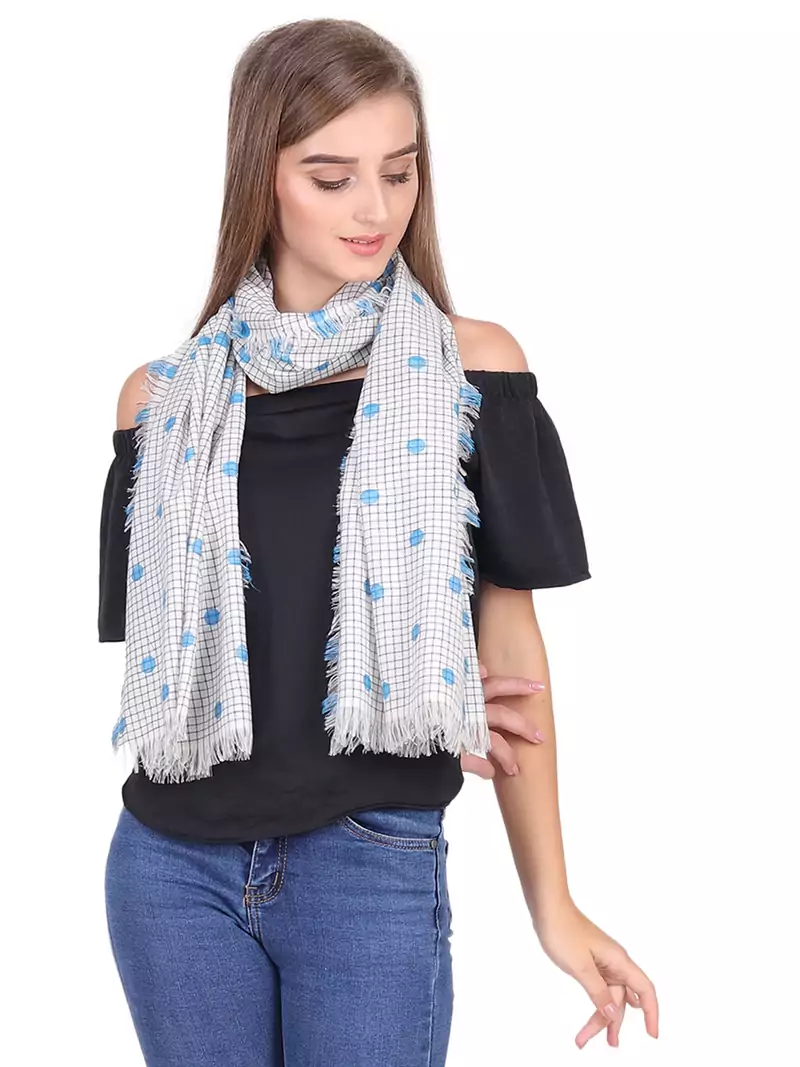 Off White & Blue Modal Woven Design Frayed Stole (70x180 cm)