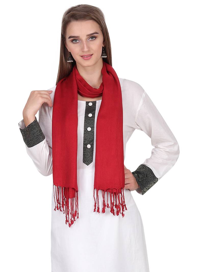 Maroon Viscose Rayon Solid Fringed Stole (55x180 cm)