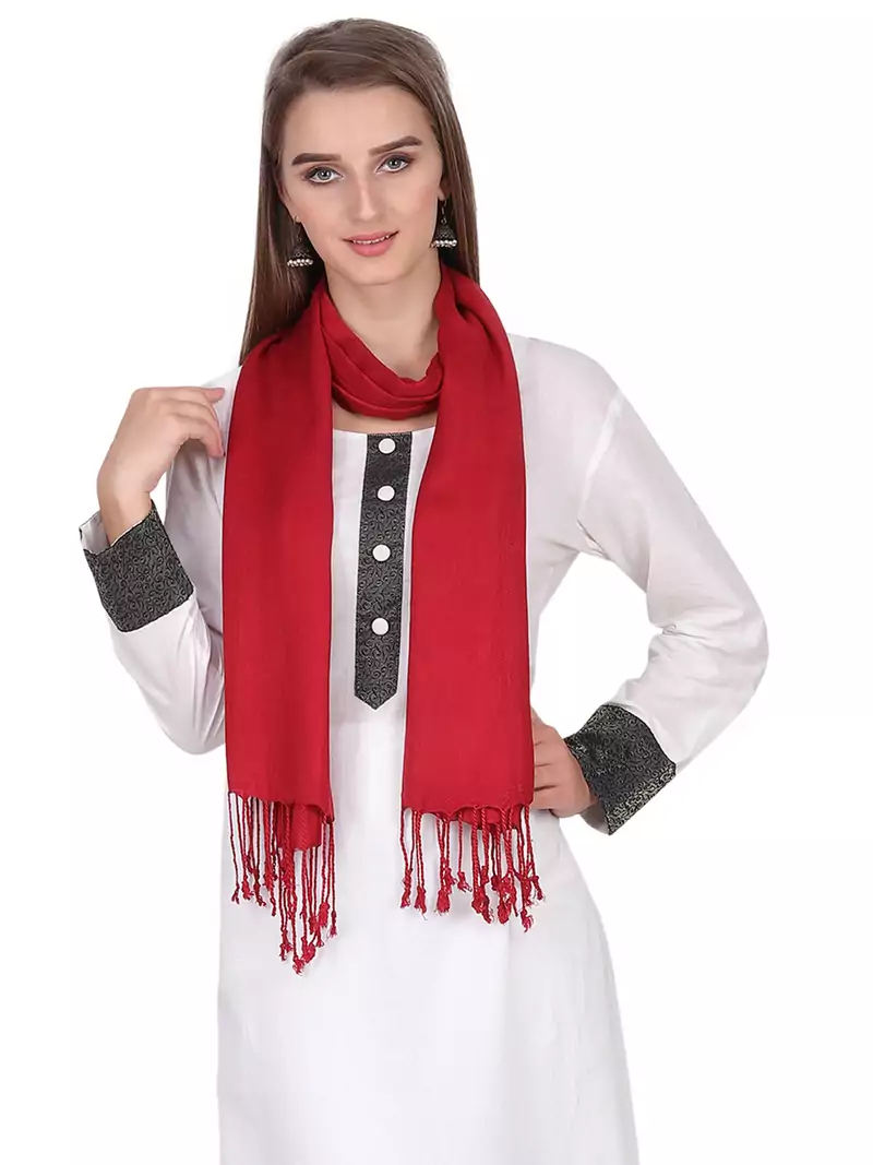 Maroon Viscose Rayon Solid Fringed Stole (55x180 cm)