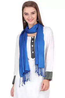 Blue Viscose Rayon Solid Fringed Stole (55x180 cm)
