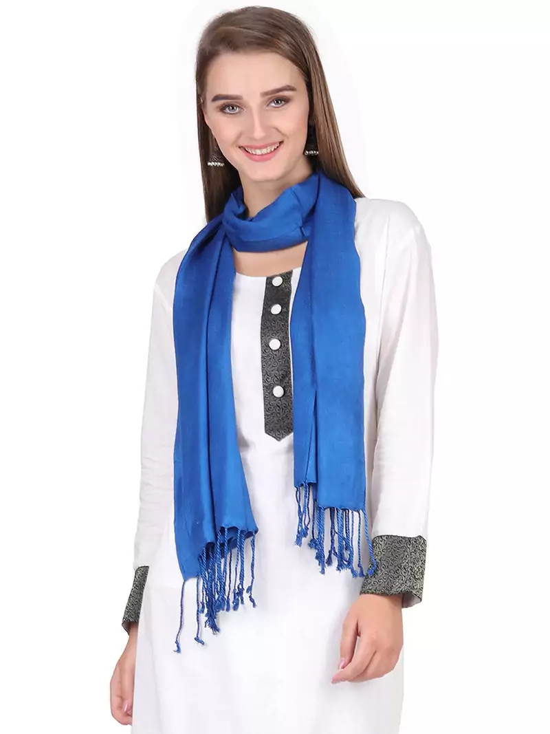 Blue Viscose Rayon Solid Fringed Stole (55x180 cm)