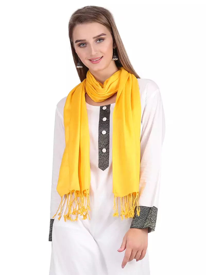 Yellow Viscose Rayon Solid Fringed Stole (55x180 cm)