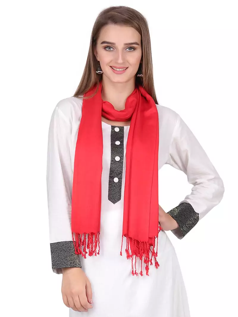 Red Viscose Rayon Solid Fringed Stole (55x180 cm)