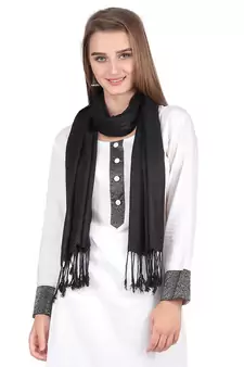 Black Viscose Rayon Solid Fringed Stole (55x180 cm)