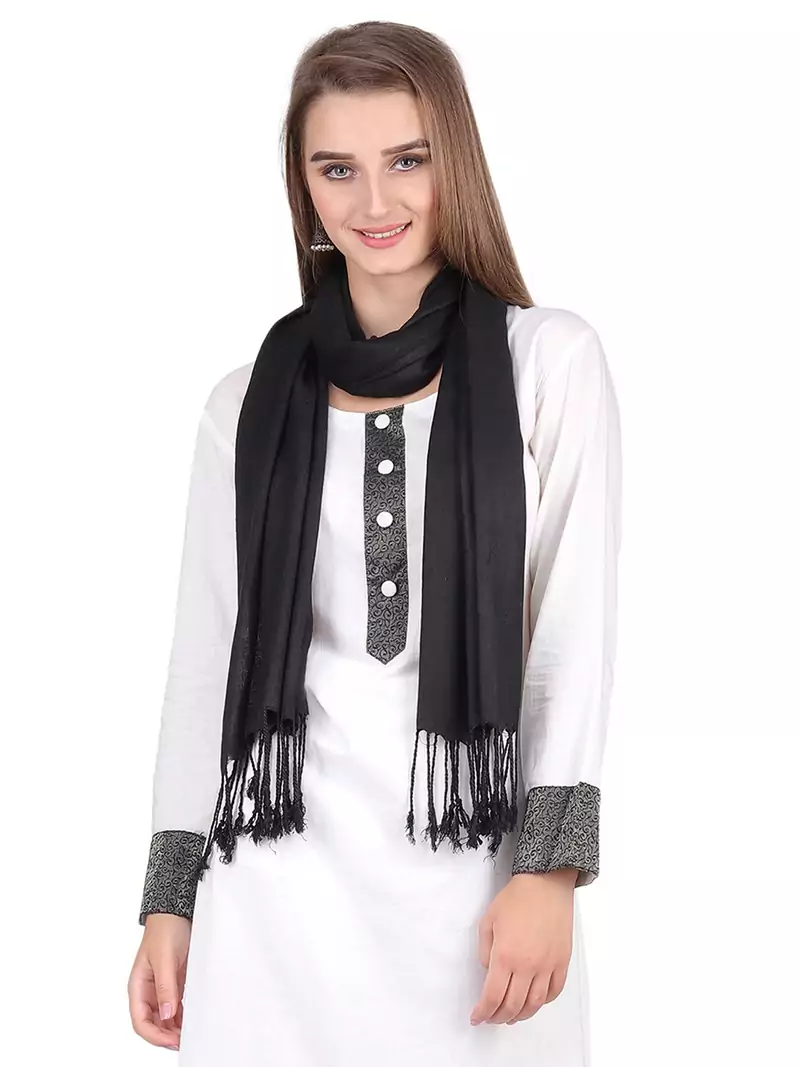 Black Viscose Rayon Solid Fringed Stole (55x180 cm)