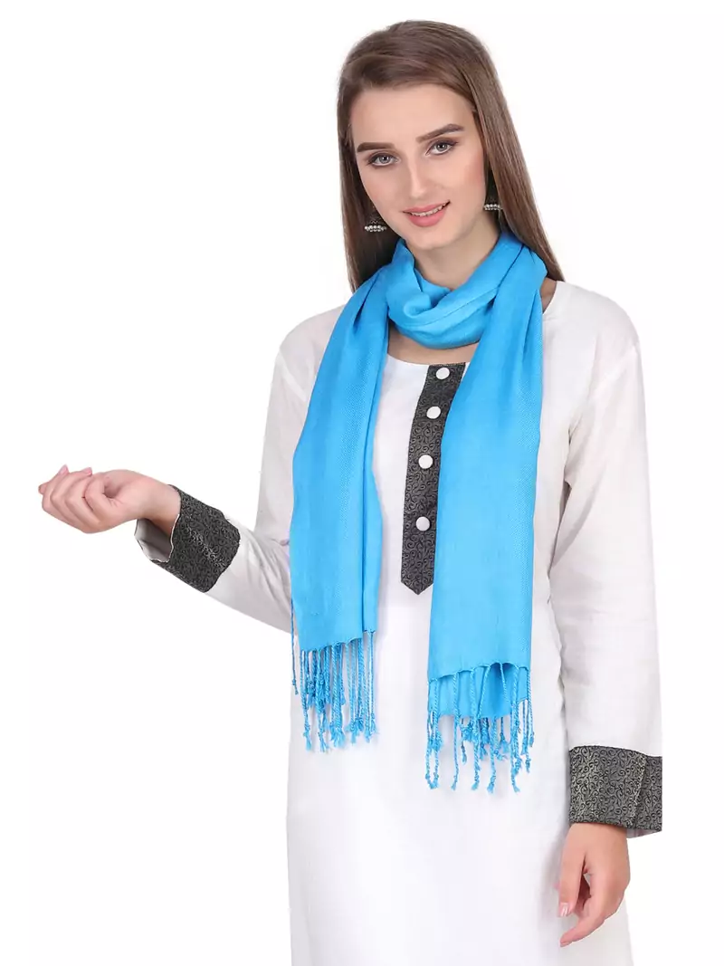 Light Blue Viscose Rayon Solid Fringed Stole (55x180 cm)