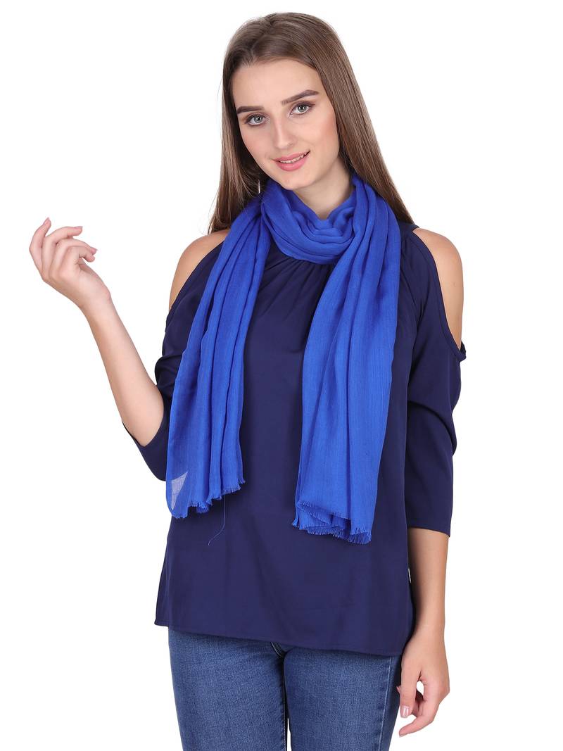 Blue Viscose Rayon Solid Fringed Stole (75x180 cm)