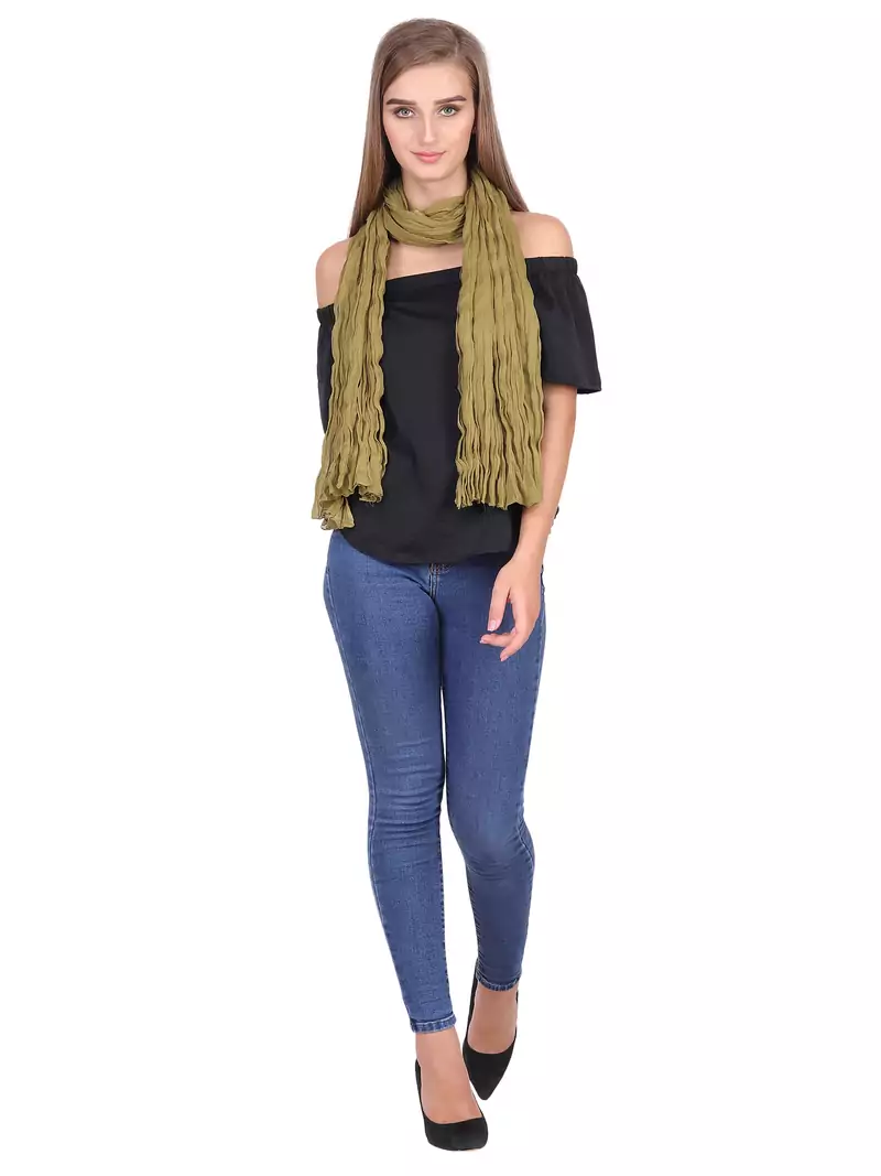 Forest Green/Khakhi Solid Cotton Crinckled Scarf(110X180CM)