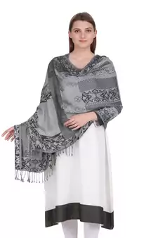 Black & Off White Floral Viscose Jacquard Shawl (70x200 cm)