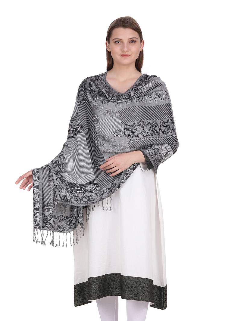 Black & Off White Floral Viscose Jacquard Shawl (70x200 cm)