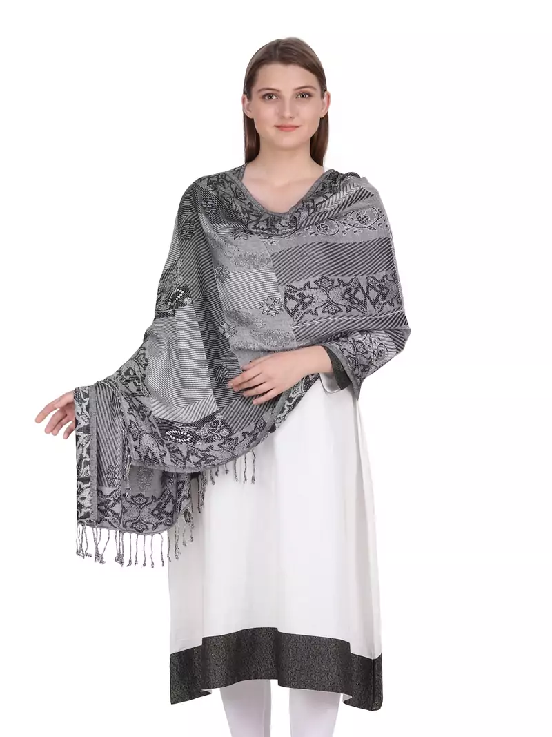 Black & Off White Floral Viscose Jacquard Shawl (70x200 cm)