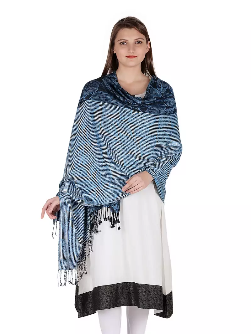 Blue & Multicolour Viscose Jacquard Shawl (70x210 cm)