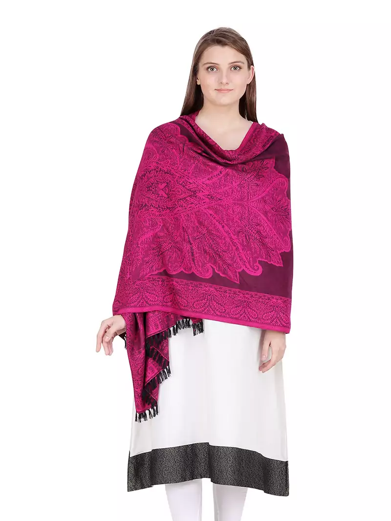 Fuchsia & Black Floral Viscose Jacquard Shawl (70x200 cm)