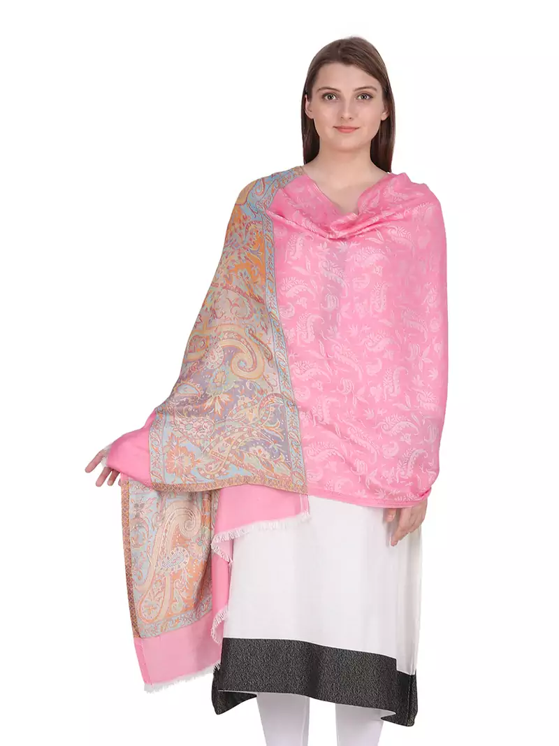 Light Pink & Multicolour Viscose Jacquard  Shawl (70x200 cm)