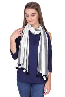 White & Black striped Cotton Pompom Scarf(50X180 cm)