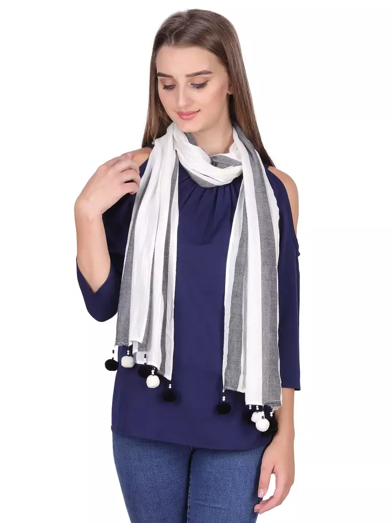 White & Black striped Cotton Pompom Scarf(50X180 cm)