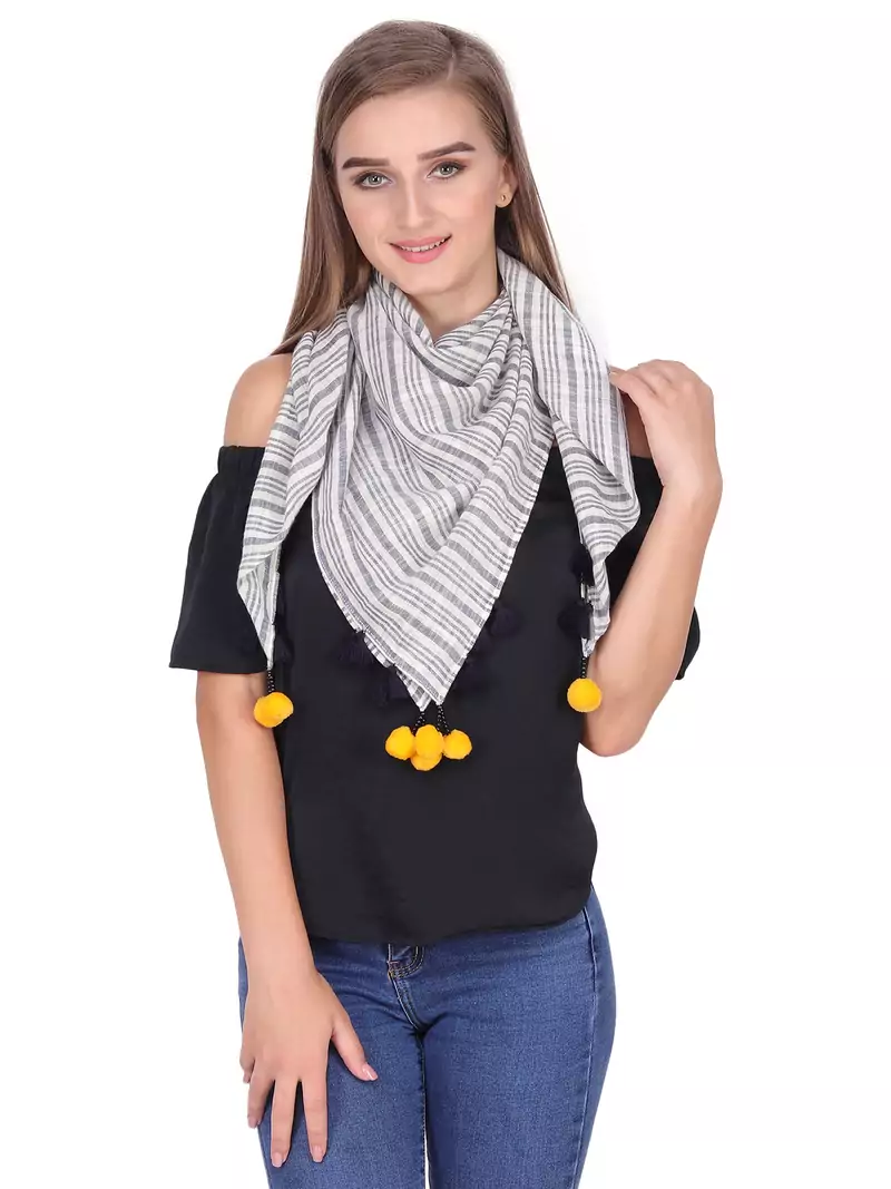 Off White And Multicolour Cotton Tassels Square Scarf (100X100 cm)
