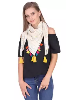 Off White And Multicolour Cotton Tassels Square Scarf (100X100 cm)