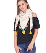 Off White And Multicolour Cotton Tassels Square Scarf (100X100 cm)