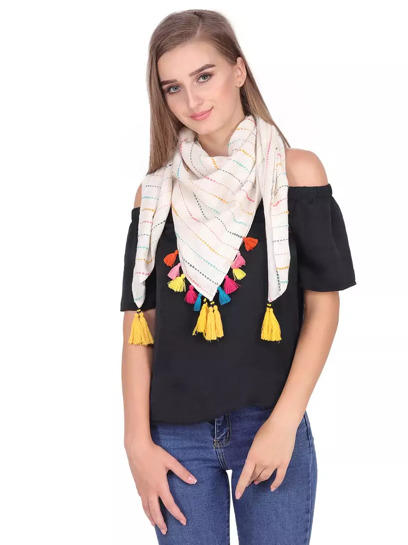 Off White And Multicolour Cotton Tassels Square Scarf (100X100 cm)