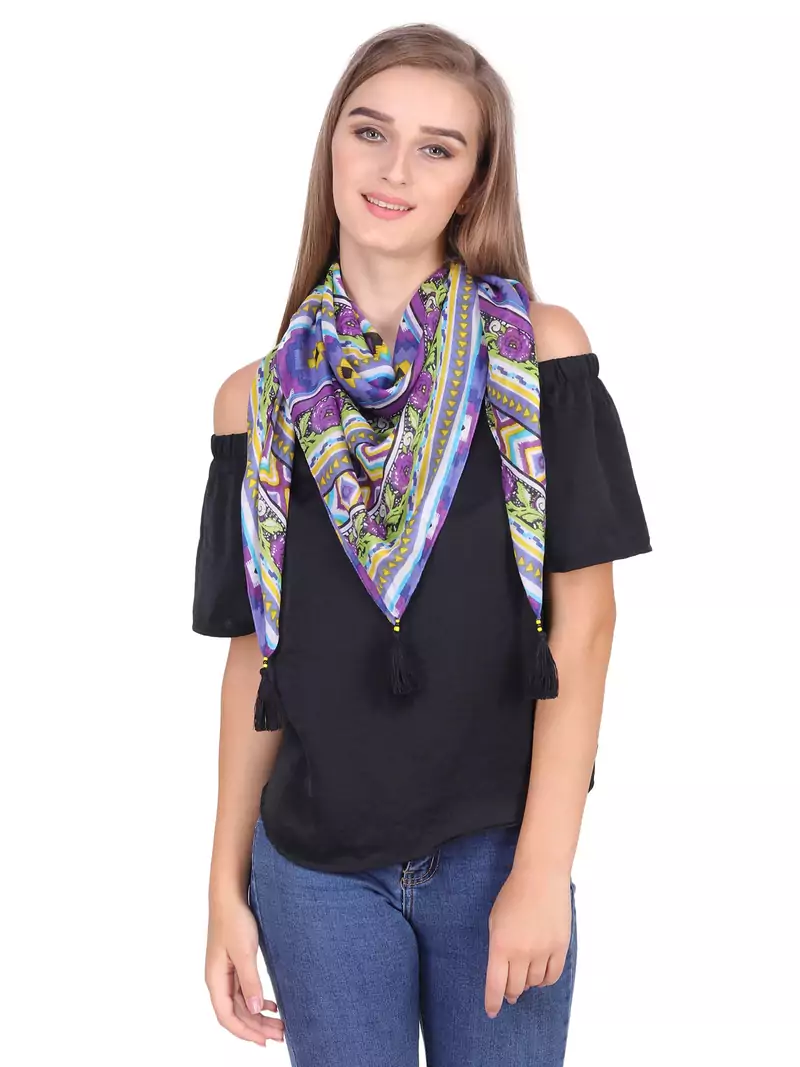 purple And Multicolour Cotton Tassels Square Scarf (100X100 cm)