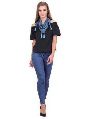 Blue Viscose Tassels Square Scarf (65X65 cm) 2