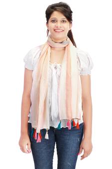 Off White and Multicolour Cotton Tassels Long Scarf (50X180 cm)