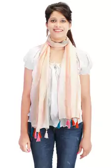 Off White and Multicolour Cotton Tassels Long Scarf (50X180 cm)