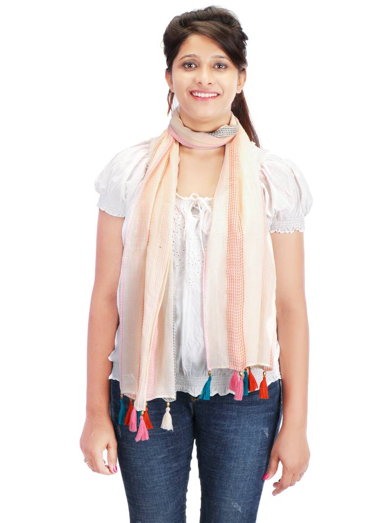 Off White and Multicolour Cotton Tassels Long Scarf (50X180 cm)