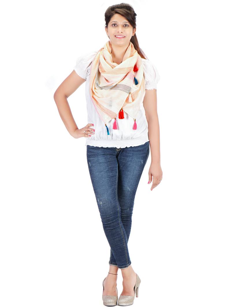 Off White and Multicolour Cotton Tassels Long Scarf (50X180 cm)