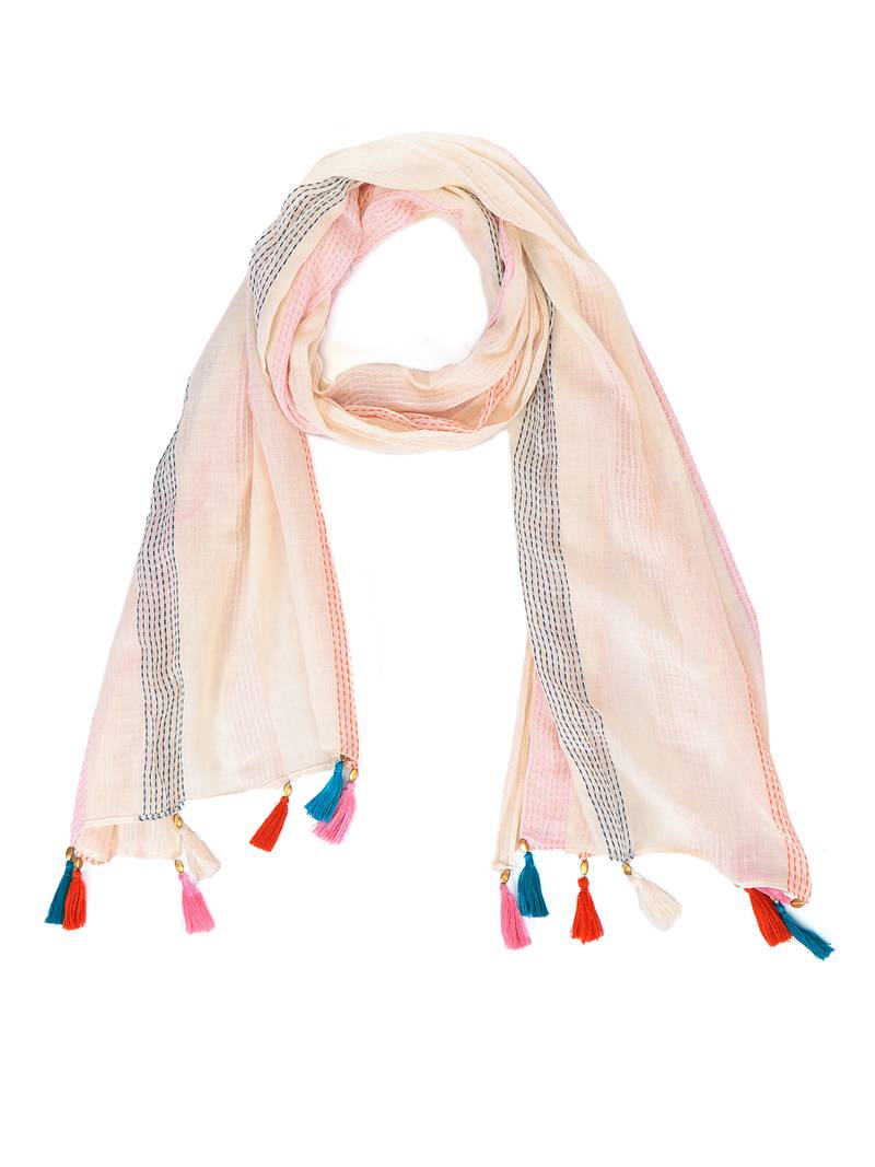 Off White and Multicolour Cotton Tassels Long Scarf (50X180 cm)